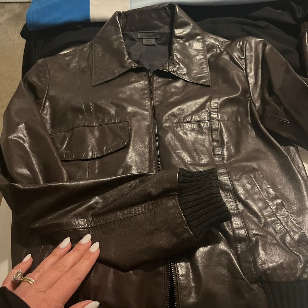 Rugby North America Brown Leather Jacket with Ribbed Cuffs – Made in Canada